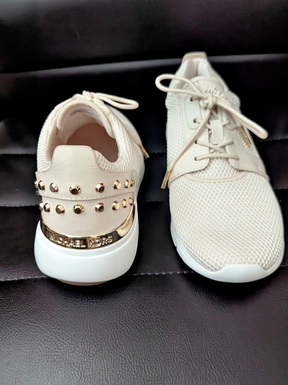 Michael Kors Astor Mesh Sneakers with Gold Trim and Studs White/Ecru Size 7.5